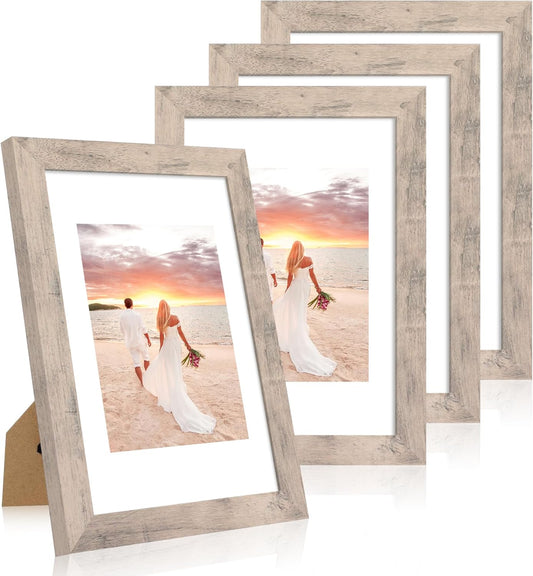 8x12 Picture Frame Set of 4 with High Definition Glass, Smoke Gray Frame Display 6x8 Picture with Mat or 8 x 12 Without Mat, Wood Rustic Photo Frames for Tabletop Display and Wall Mounting