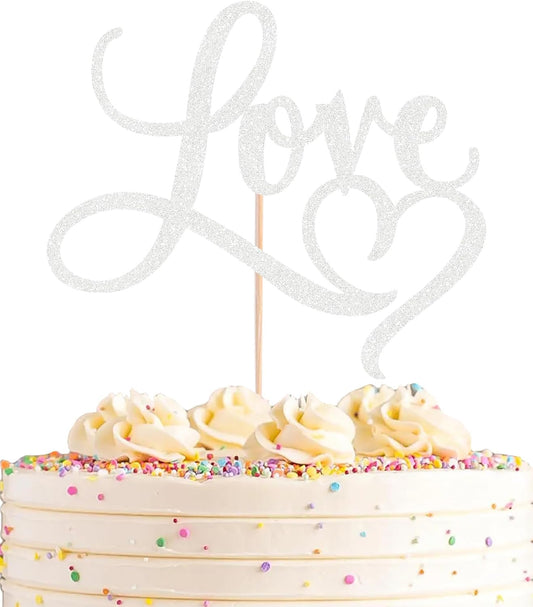 Love Cake Topper - Silver Glitter Paper Wedding Cake Decoration Supplies, Perfect for Bridal Shower/Engagement/Anniversary/Birthday Party