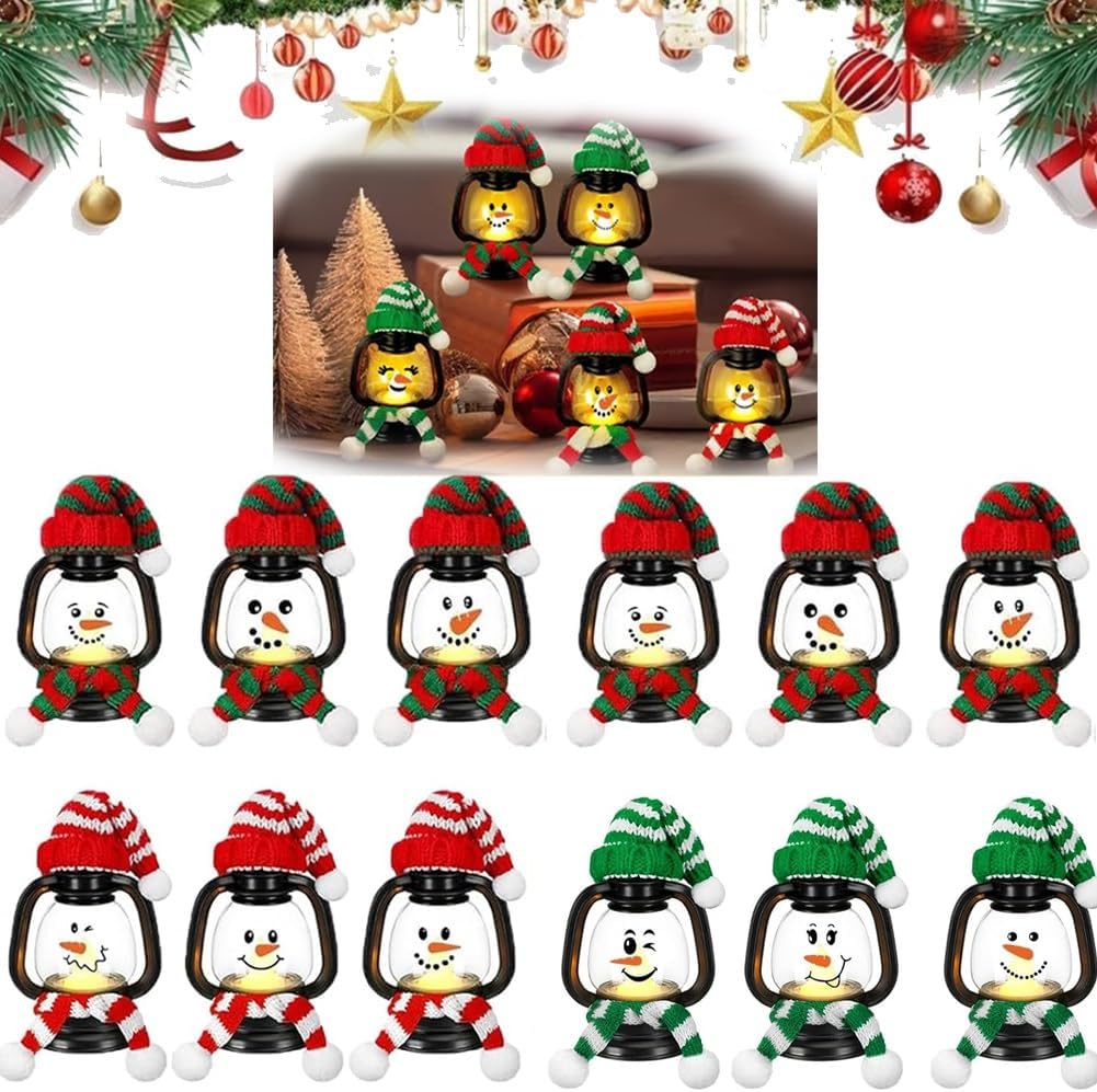 Mini Snowman Lantern with Hats and Scarves, Mini Candle Christmas Snowman Lanterns Decoration, Small Winter Portable Tabletop Centerpiece for Holiday Party Favor(12pcs)