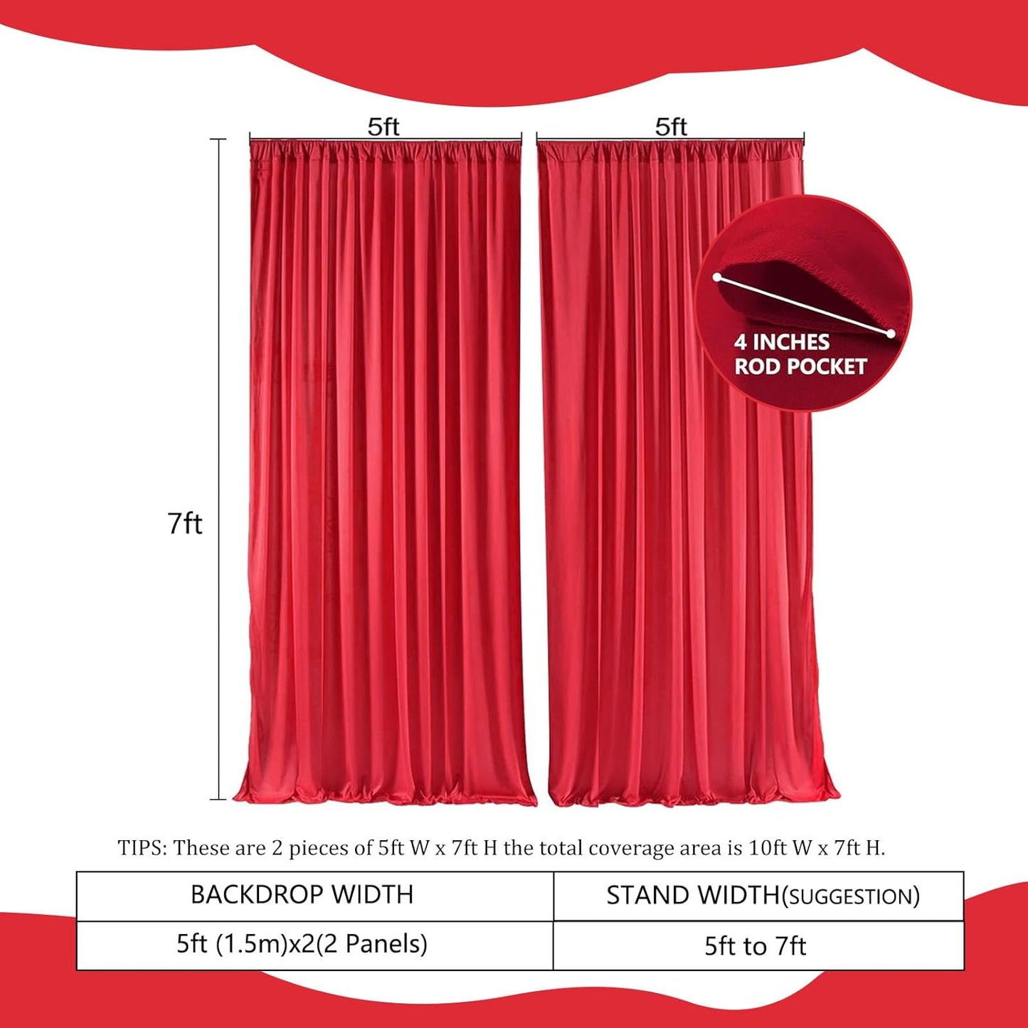 2 Panels Red Backdrop Curtain, 10 x 7 Feet Background Curtains for Parties, Weddings, Baby Showers, Bachelorette Halloween, Christmas Birthday Party Photoshoot Backdrop Curtains Decorations
