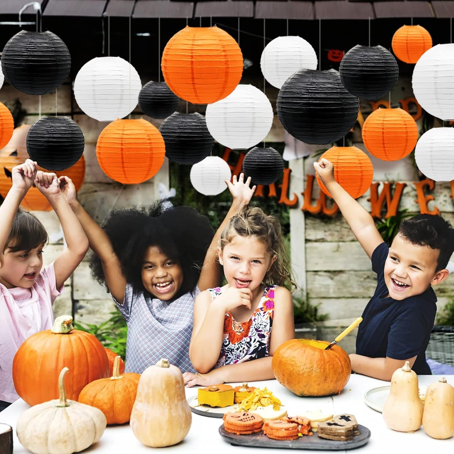 ADLKGG Paper Lanterns Party Decorations, Orange Black White Round Hanging Lanterns for Graduation Halloween Thanksgiving Birthday Party Decorations, 21pcs