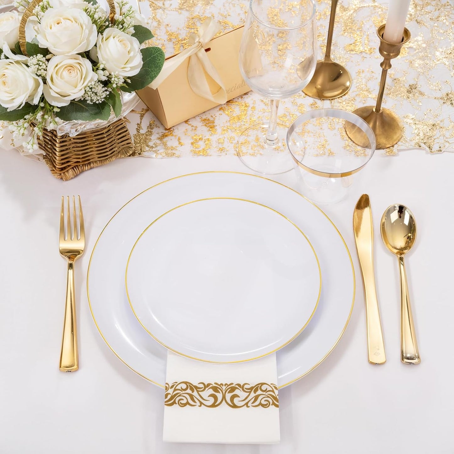 NOCCUR 350PCS Gold Disposable Dinnerware Set for 50 Guests - White and Gold Plastic Plates Include 50 Dinner/Dessert Plates, 150 Silverware and 50 Napkins/Cups Ideal for Fall Party&Thanksgiving