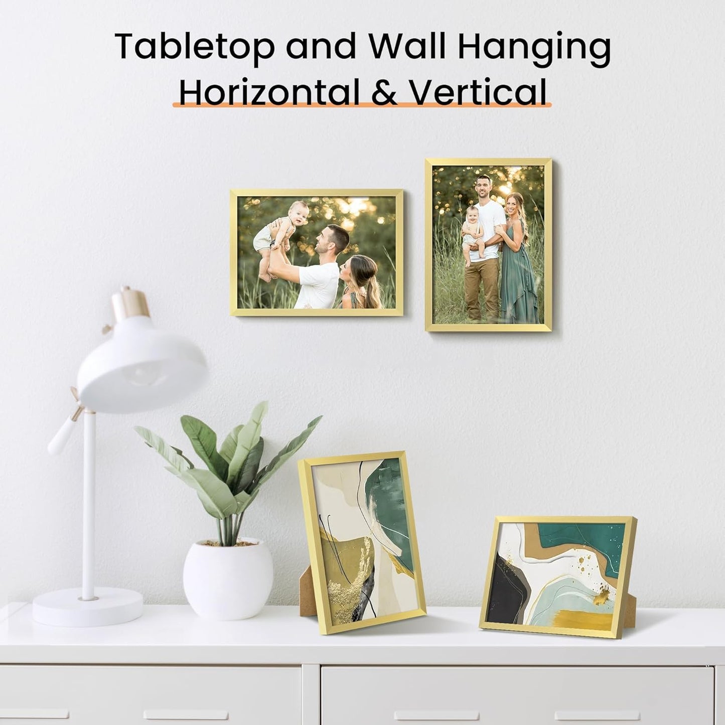 upsimples 5x7 Picture Frame Set of 3, Made of High Definition Glass for 5 x 7 Gold Frames, Wall and Tabletop Display Thin Border Photo Frame for Home Décor