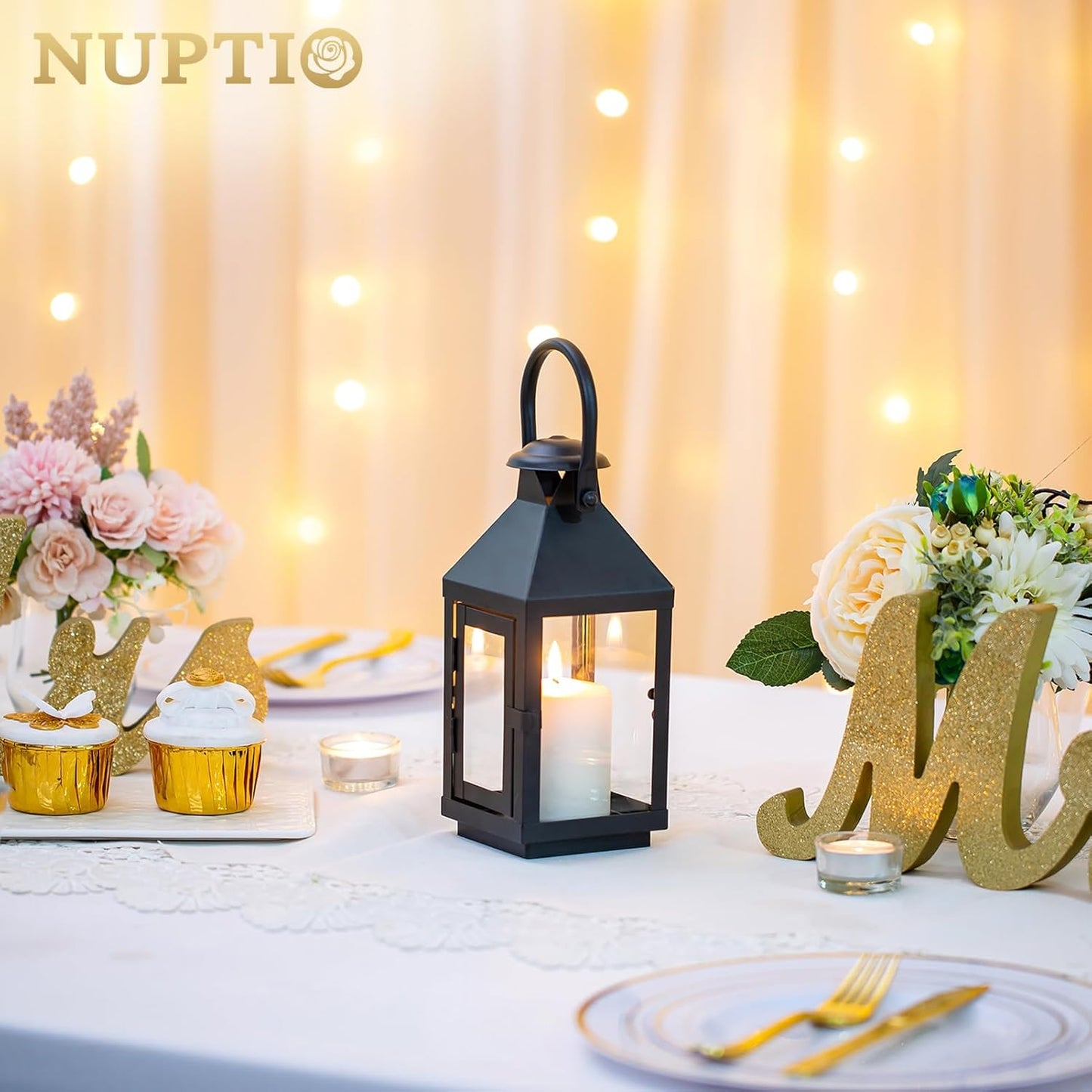 Nuptio Garden Lanterns for Pillar Candles Tall Vintage Style Metal Candle Holder Halloween Hanging Decorative Lantern for Wedding Christmas Parties Indoor Outdoor 8.7in