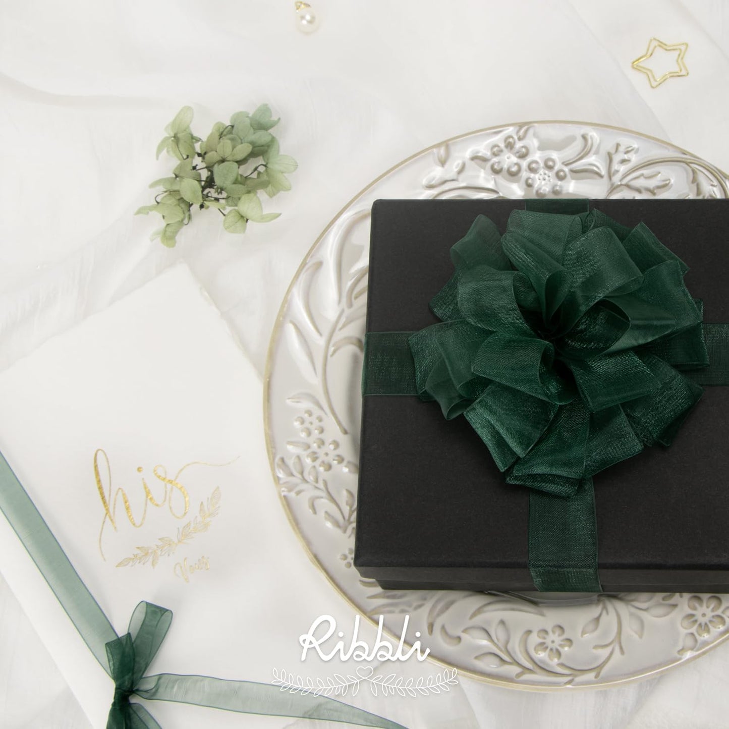 Ribbli Spruce Green Organza Ribbon,1 Inches x Continuous 50 Yard, Green Sheer Ribbon for Gift Wrapping,Cookie Wrapping,Wedding Decoration,All Crafting and Sewing