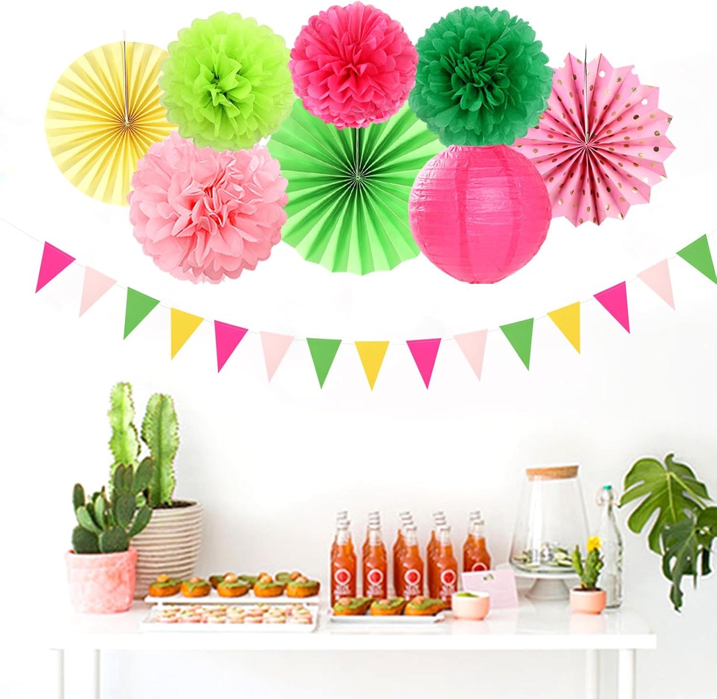 Hawaiian Pink Green-Yellow Party-Decorations - 20pcs Aloha Paper Lanterns Fans,Tissue Pom Poms,Honeycomb Balls,Tropical Pool Jungle Bachelorette Birthday Supplies Summer Beach Burgleda