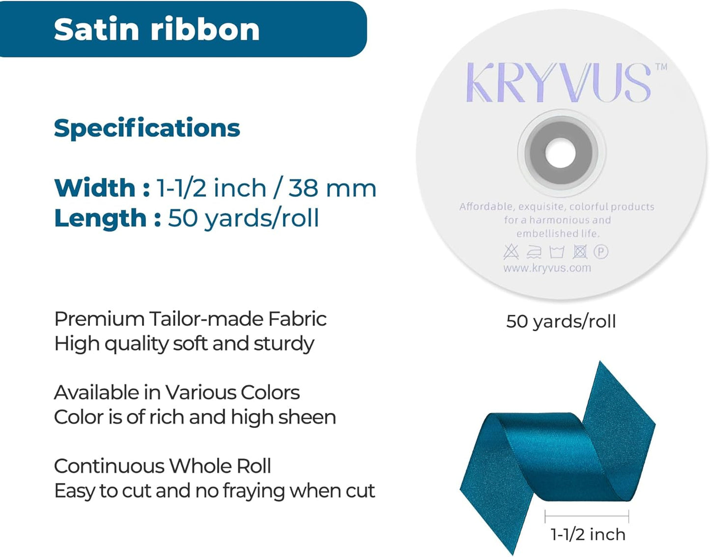 Turquoise Satin Ribbon 1-1/2 inch X Continuous 50 Yards, Single Face Polyester Ribbon Perfect for Gift Wrapping, Flower Bouquet, Wedding Decor, Crafts, Bow Making, Sewing and More