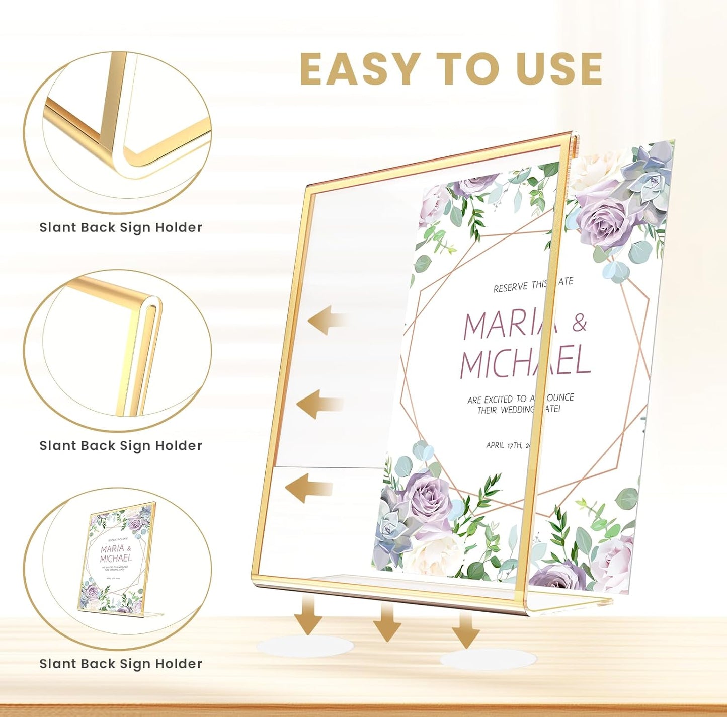 Acrylic Gold Frames 5X7, Slanted Back Gold Picture Frames Table Acrylic Sign Holder for Photos Wedding Table Numbers and Art Display with Removable Clear Sticky Dots，6 Pack