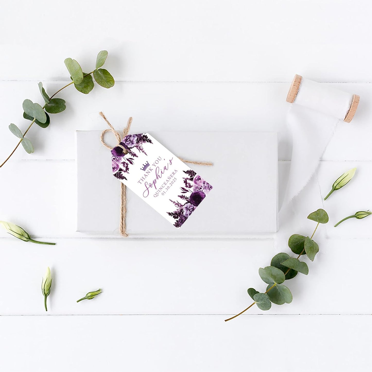 Andaz Press 40-Pack Personalized Quinceañera Favor Tags with String, Purple Florals Custom Classic Thank You Gift Tags for Quince Años XV 15th Birthday Favor Gifts Quinceanera Decorations