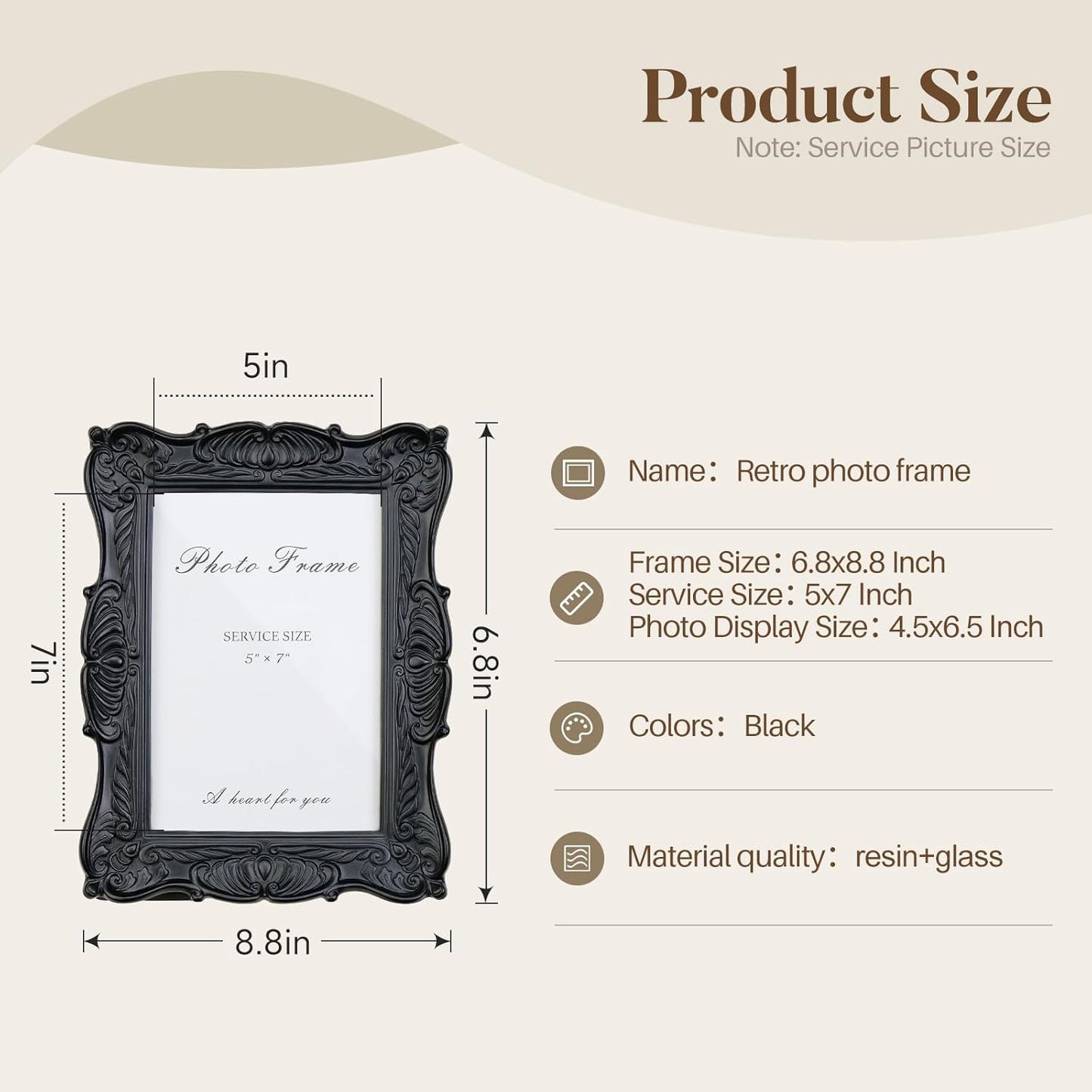 Cuspin 5x7 Black Picture Frame, Vintage Ornate Decorative Hand-Carved Resin Photo Frame with Detailed Design for Tabletop Display or Wall Hanging, Black Home Decor