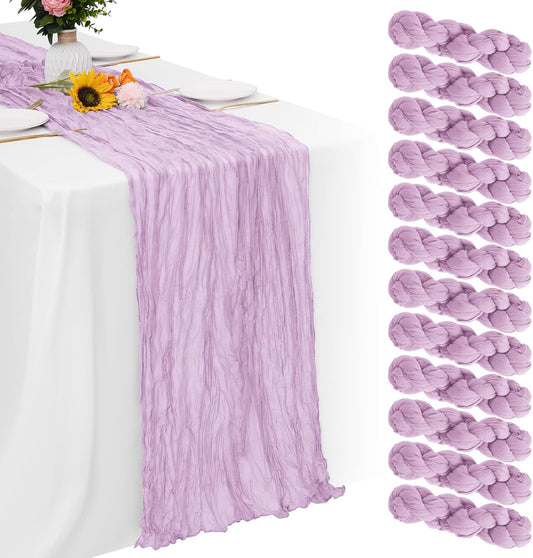 Aktor 12 Pack Lavender Table Runner Boho Cheesecloth Table Runner Semi Sheer Gauze Fabric Runners for Wedding Birthday Baby Shower Party Boho Table Decoration（Lavender）