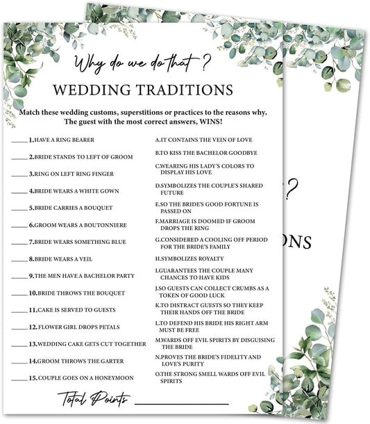 Eucalyptus Bridal Shower Game Cards - Why Do We Do That ? Wedding Traditions, Engagement Bachelorette Party Games for 30 Guests, 30 Double Sided Cards with 1 Answer Card, Activity Supplies & Favor/A09
