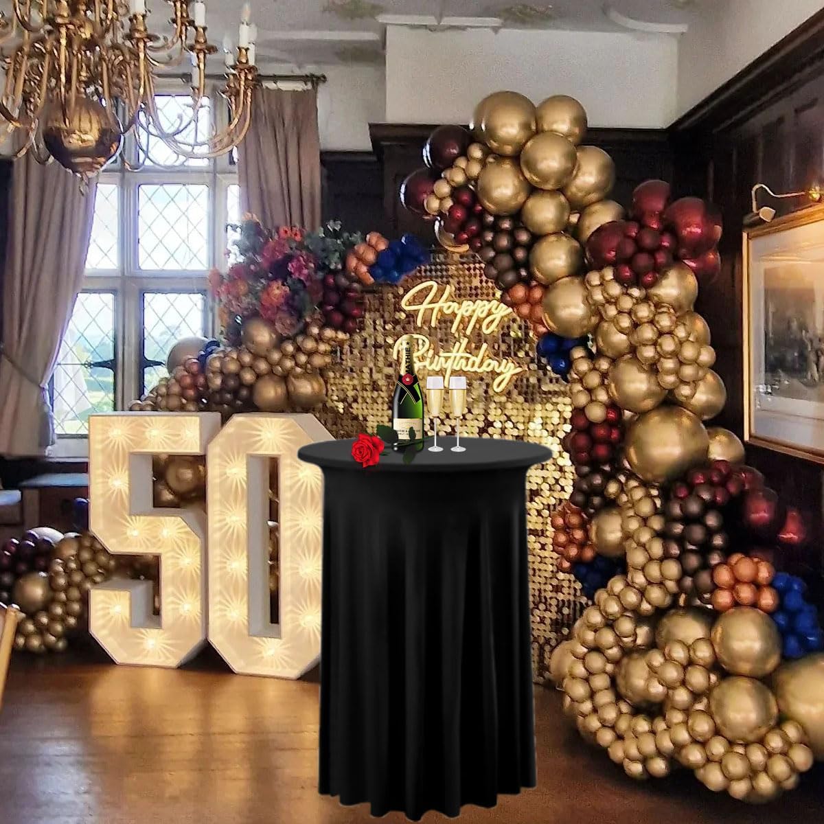 Albassa 4 Pack Cocktail Table Covers 32"x 43" Spandex Stretch Round Cocktail Tablecloths with Wavy Drapes Fitted High Top Bar Table Skirt for Wedding Party Banquet (Black, 4 PCS)