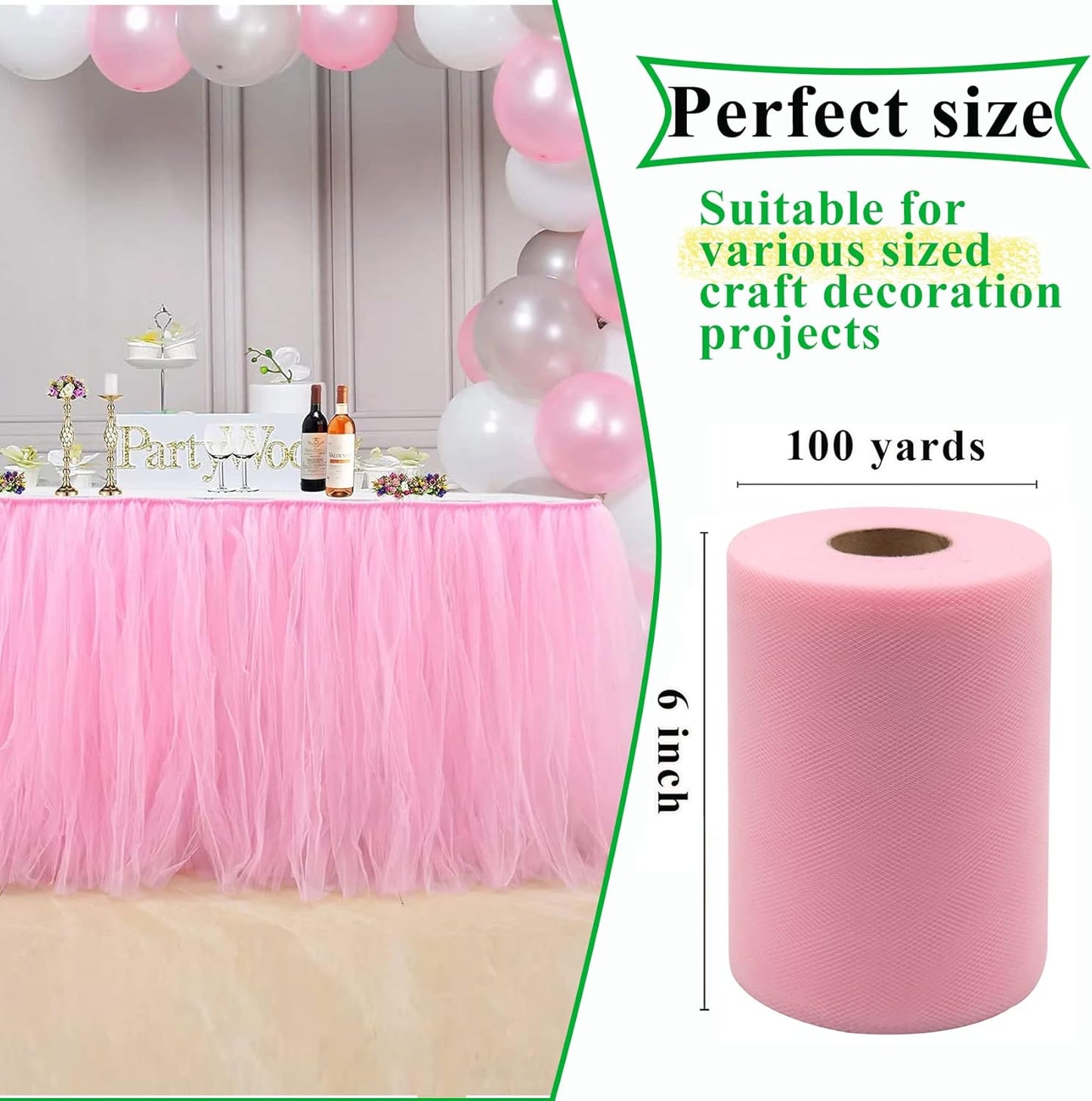Pink Tulle Fabric Rolls 6 Inch by 100 Yards (300 feet) Fabric Spool Tulle Ribbon for DIY Pink Tutu Bow Baby Shower Birthday Party Wedding Decorations Christmas Craft Supplies