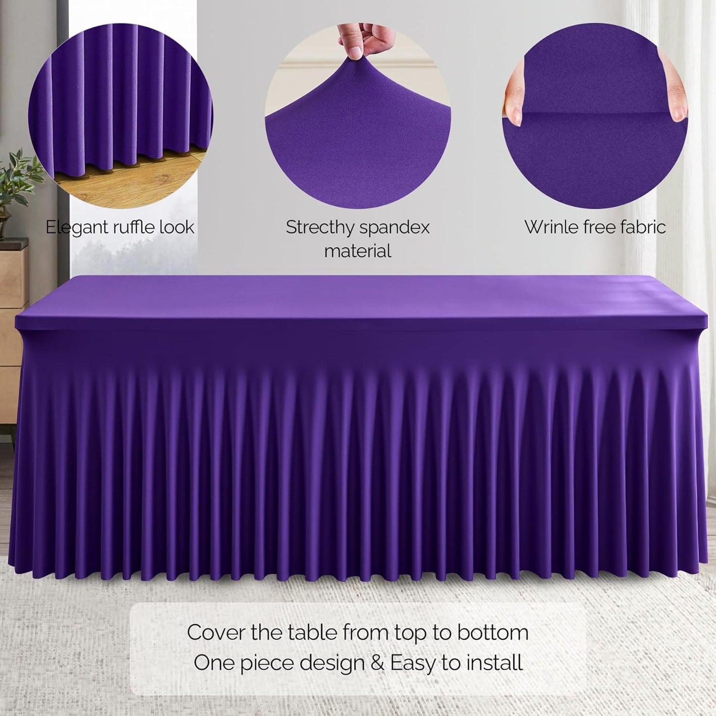 6 Pack Dark Purple Spandex Table Clothes for 8 Foot Rectangle Tables, 8FT Wrinkle Free Fitted Tablecloths Ruffles Design Table Cover for Party, Banquet, Wedding and Events