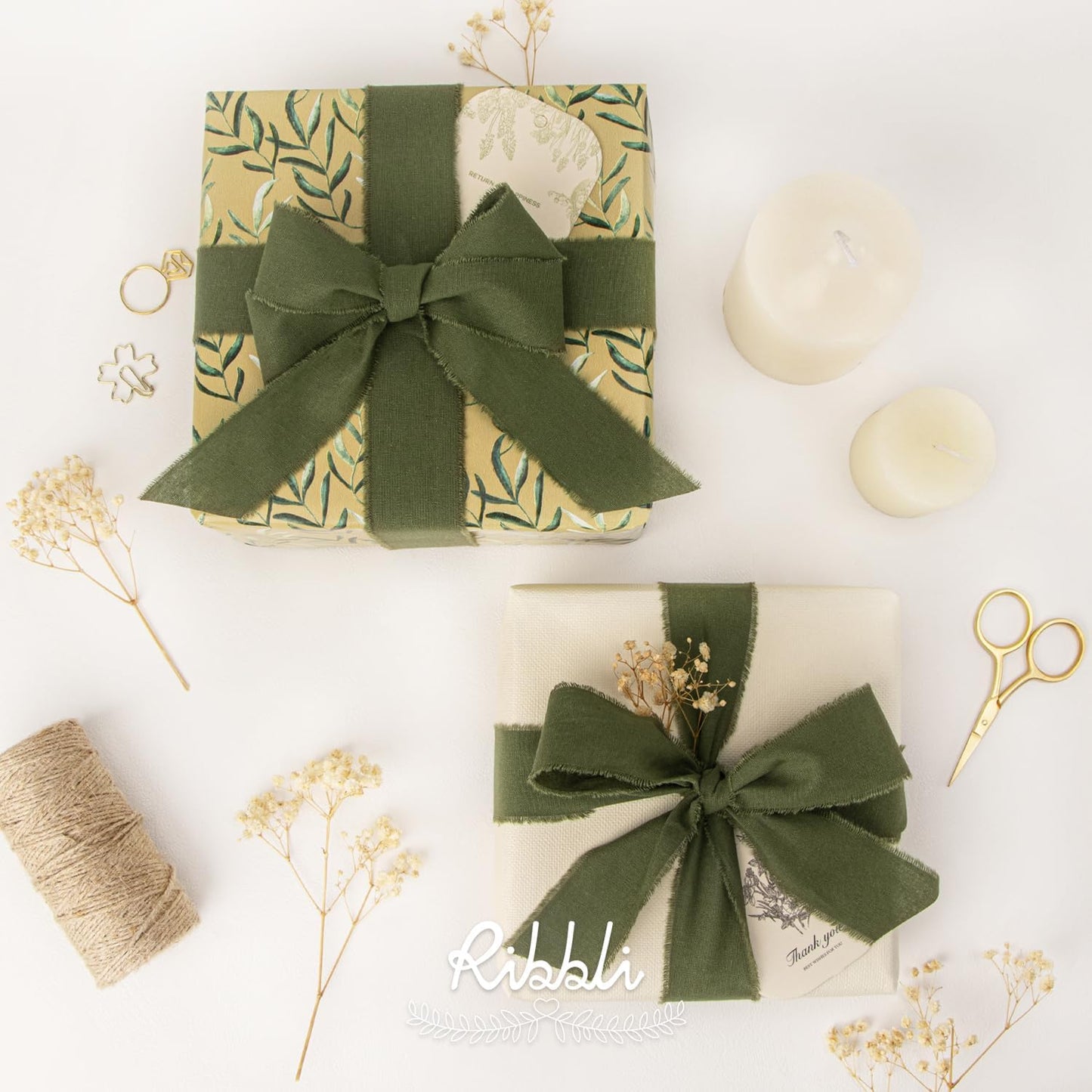 Ribbli 3 Rolls Green Ribbon 1.5 Inch x 18Yards Ivory Sage Moss Handmade Cotton Frayed Fringe Ribbons for Gift Wrapping Wedding Invites Bridal Bouquets Baby Shower DIY Crafts Home Decor