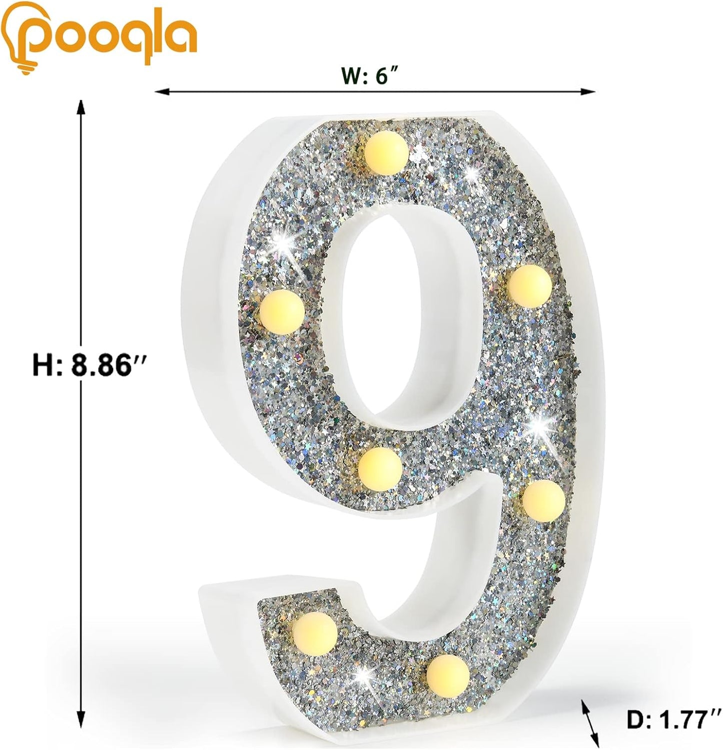 Pooqla Marquee Light up Numbers, Lighted Numbers for 9th Birthday Decorations, Night Light Battery Powered for Silver Party Decorations, Gift for Boys Girls Christmas Wedding Home Room Decoration