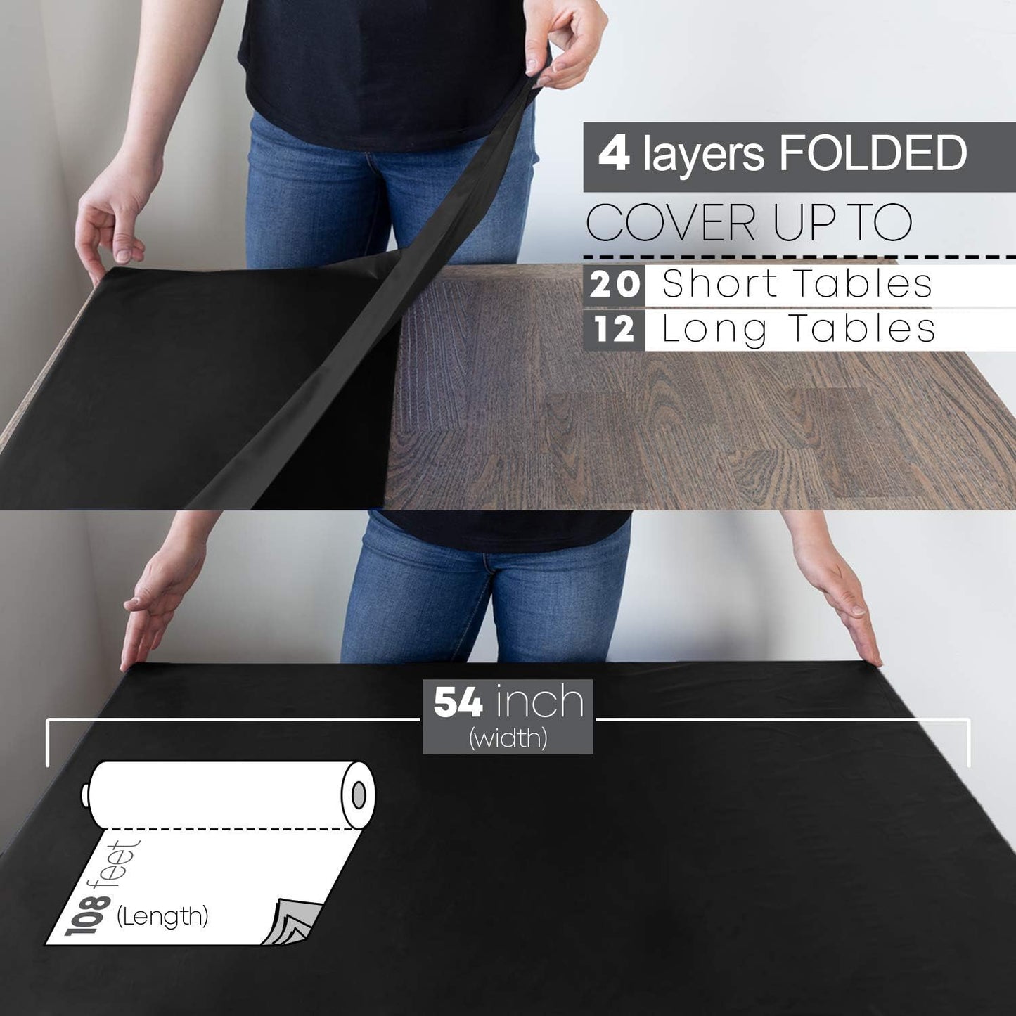 Neatiffy Disposable Plastic Table Cloth Roll | 54 in x 108 Ft Waterproof Tablecloth | Table Cover for Rectangle, Square, Round Oval Tables | Picnic, Party, Banquet, Birthdays, Weddings - Black