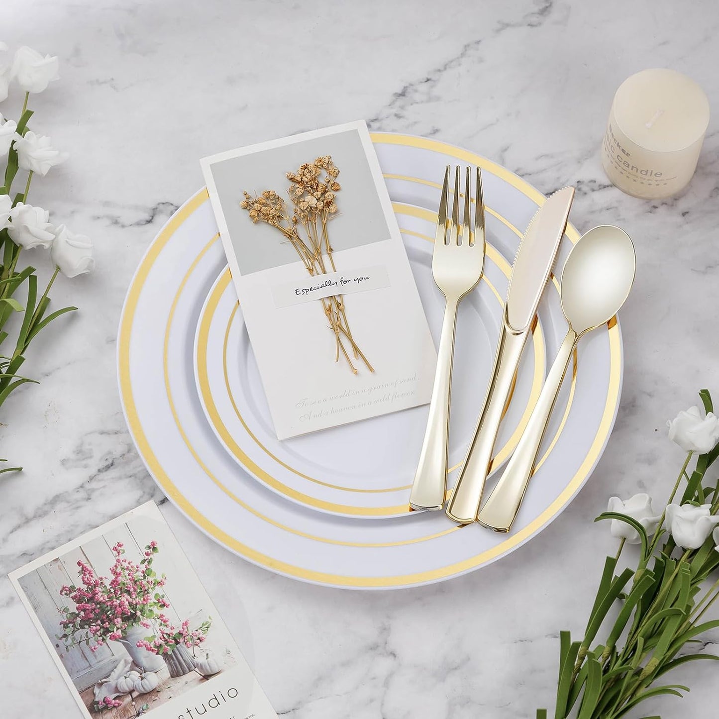 BESTVIP 300PCS Plastic Dinnerware Set (50 Guests), Gold Disposable Plates for Party, Wedding, Christmas, Anniversary, Includes: Dinner Plates, Dessert Plates, Cups, Spoons, Forks and Knives
