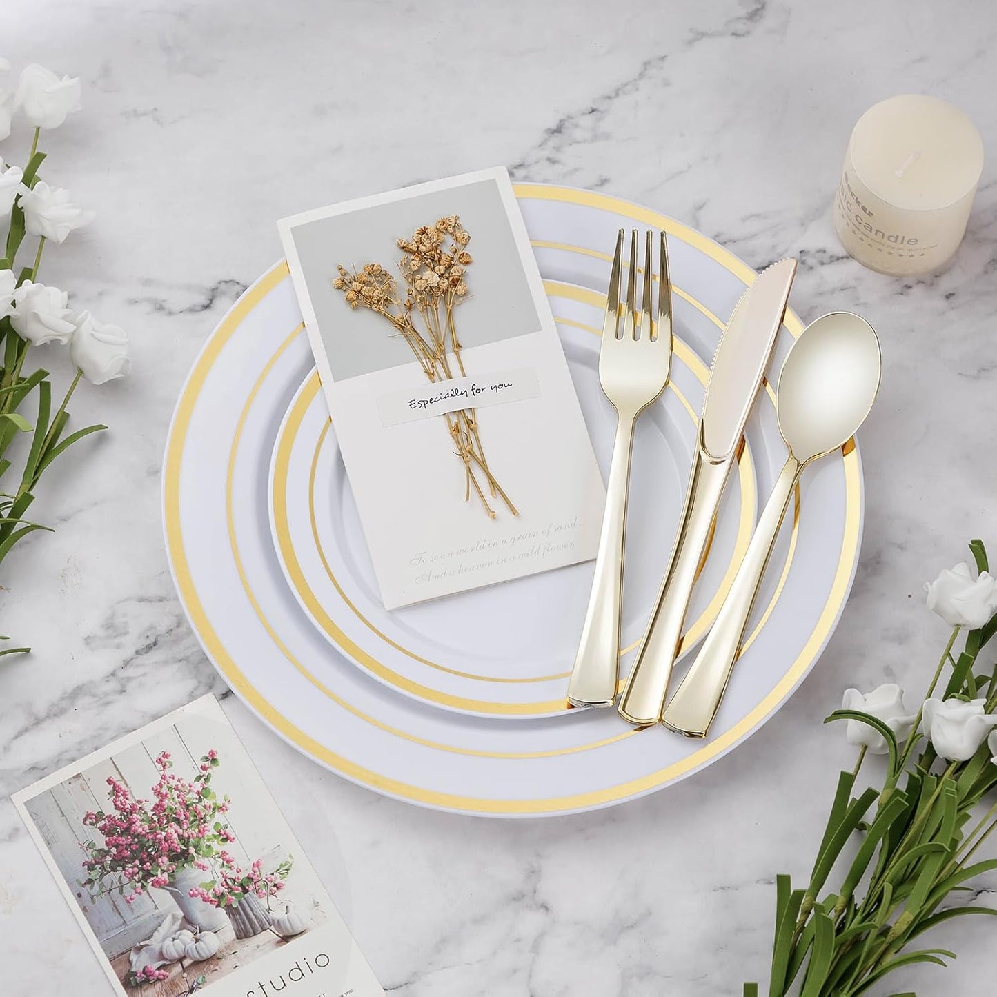 BESTVIP 450PCS Gold Dinnerware Set for 75 Guests, Plastic Plates for Party, 75 Gold Disposable Plates, 75 Dessert Plates, 75 Cups, 75 Spoons, 75 Forks and 75 Knives