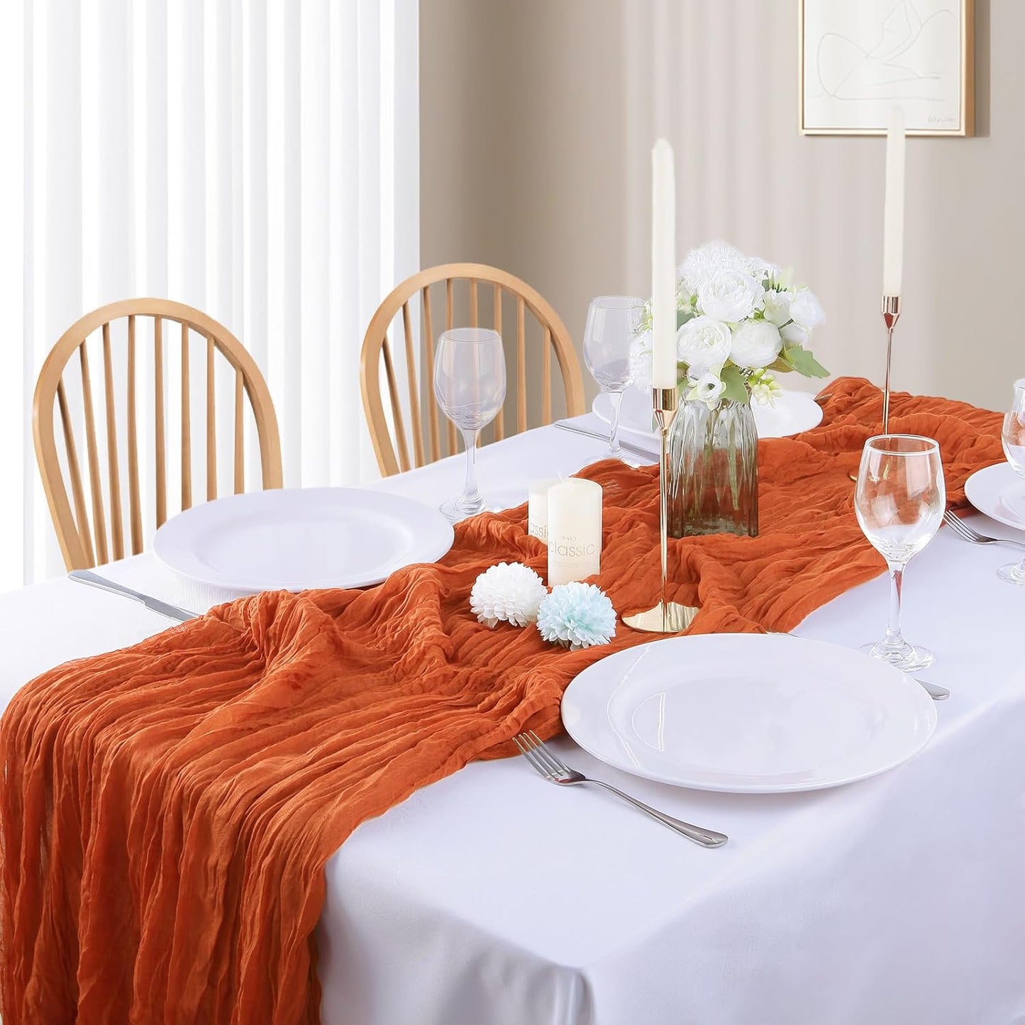 16PCS Orange Cheesecloth Table Runner - 10FT x 35x120Inch Boho Gauze Cheese Cloth Table Runner for Wedding Party, Baby Bridal Shower Table Decor
