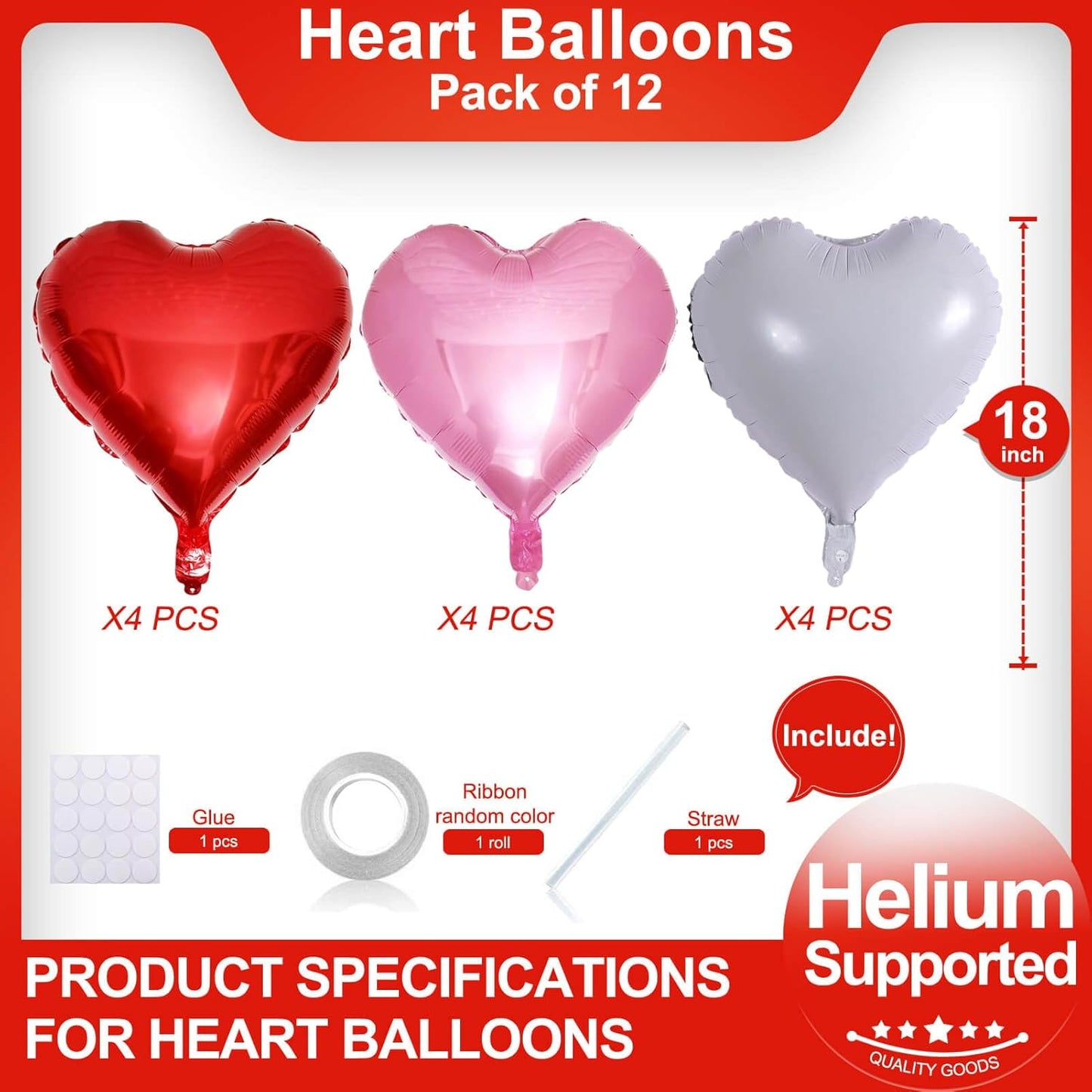 Red Heart Shaped balloons Pack of 12,18 Inch White Love Valentine Balloons Pink Heart Romantic Balloons For Valentines Day Propose Marriage Wedding Bridal Shower Engagement Party Decorations