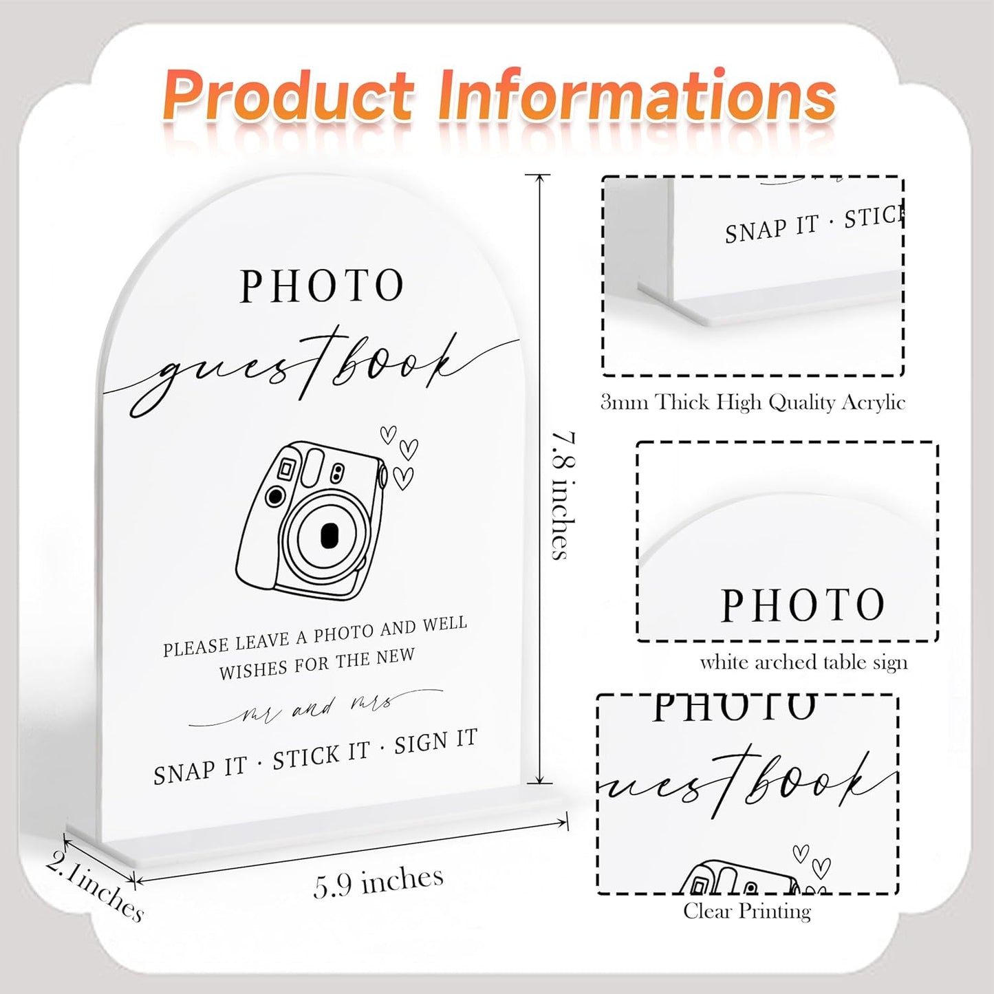 Photo Guest Book Sign, White Arch Acrylic Wedding Sign, Wedding Guest Book Alternative, Bridal Shower Decor, Engagement Party Decor, Centerpiece Table Decorations Party for Bride and Groom-24