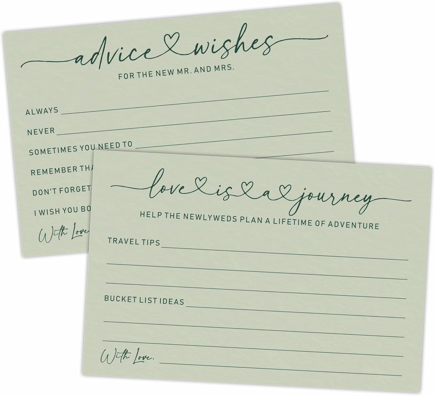 Wedding Advice Cards -Pack Of 30 Wishes For The New Mr & Mrs Wedding,Love Is A Journey Cards - Bride and Groom Newlyweds Bridal Shower Party Decoration,Games(Green) - A05