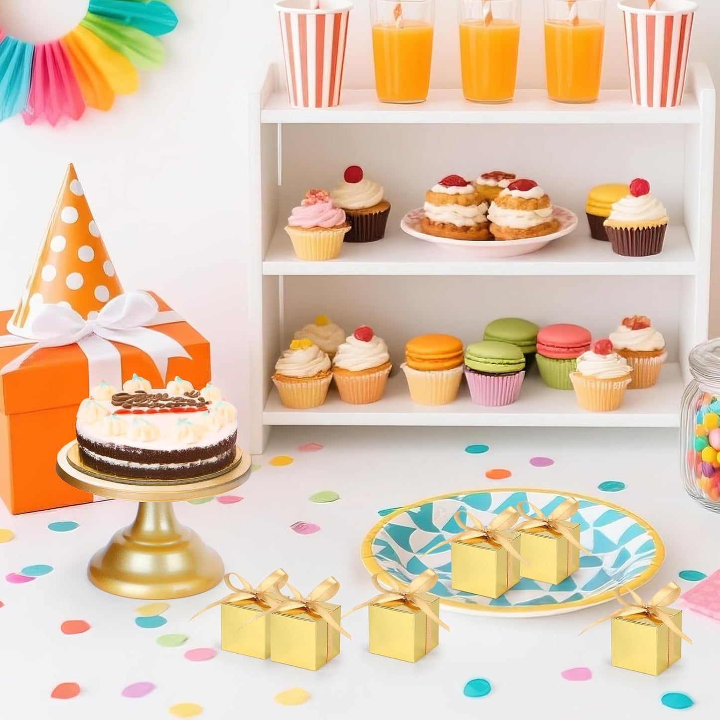 EUSOAR Small Gift Boxes with Lids, 60pcs 2x2x2 Inches Gold Candy Boxes Party Favor Box with Ribbons, Cube Chocolate Box Mini Muffins Bags Macaron Container for Wedding Party Advent Calendar DIY