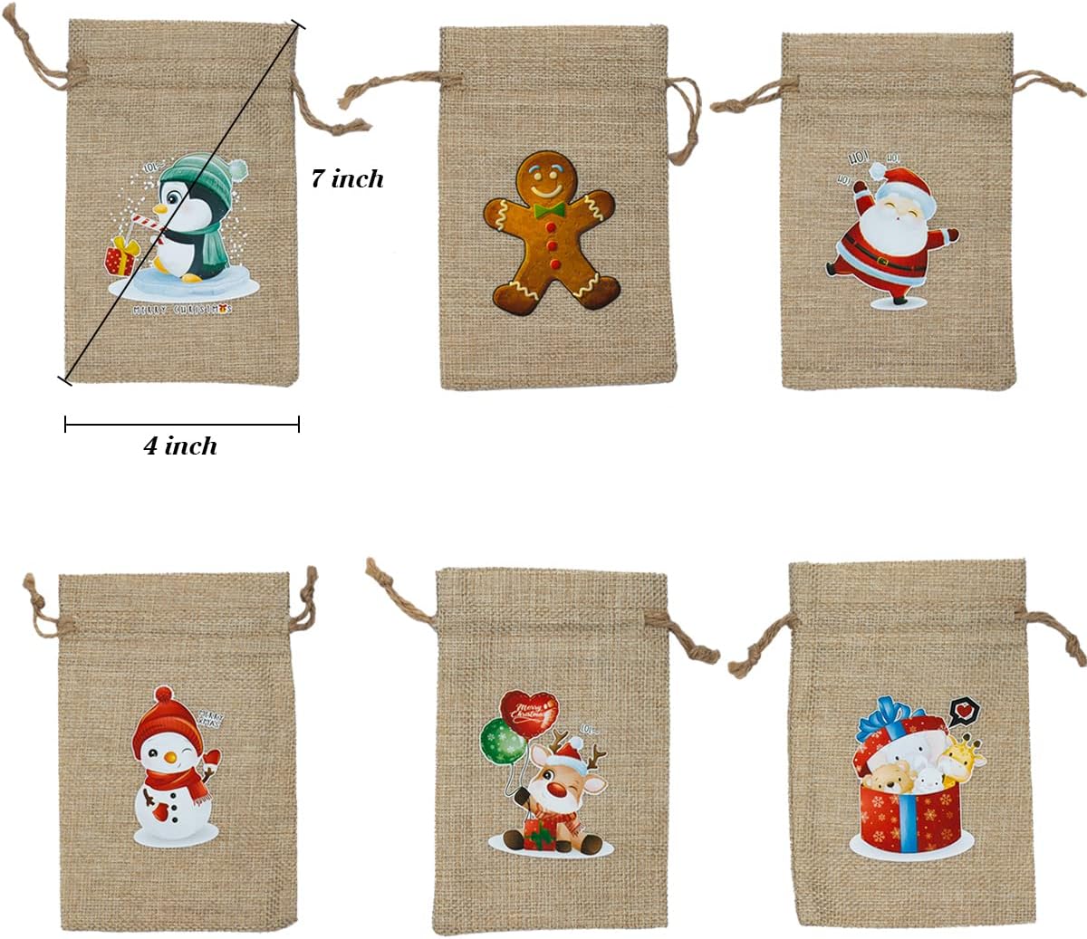 ARTLYMERS 24 Pack Christmas Jute Burlap Bags, Christmas Drawstring Gift Bags for Xmas Presents Holiday Party Favor Treats Candy, 6 Designs