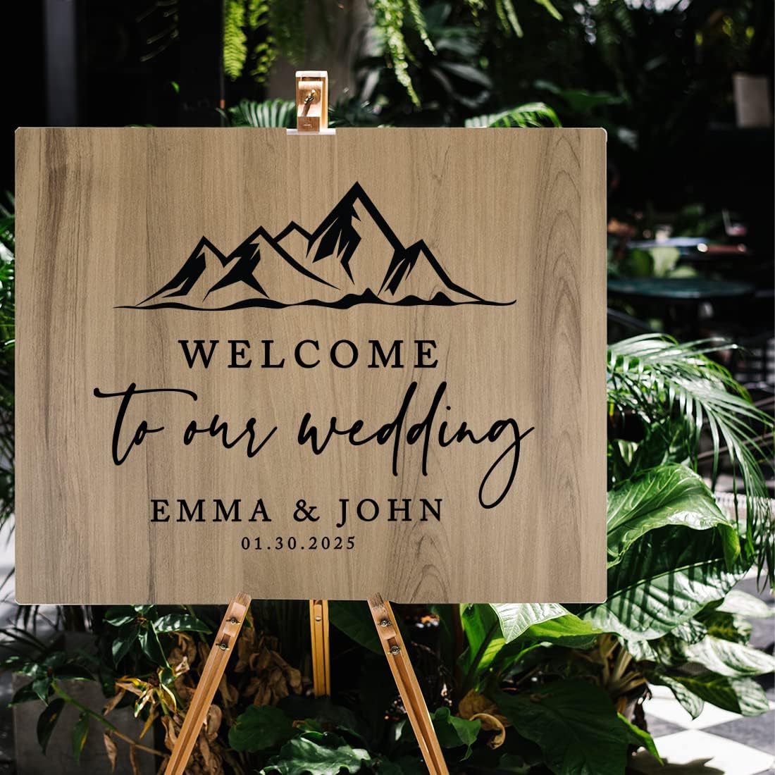 Andaz Press Large Wooden Welcome Sign for Wedding, Rustic Welcome Sign 16" x 20" Custom Names Mountain Woodland Wedding Signage English Oak MDF Wood Finish Wedding Reception Indoor Outdoor Signs