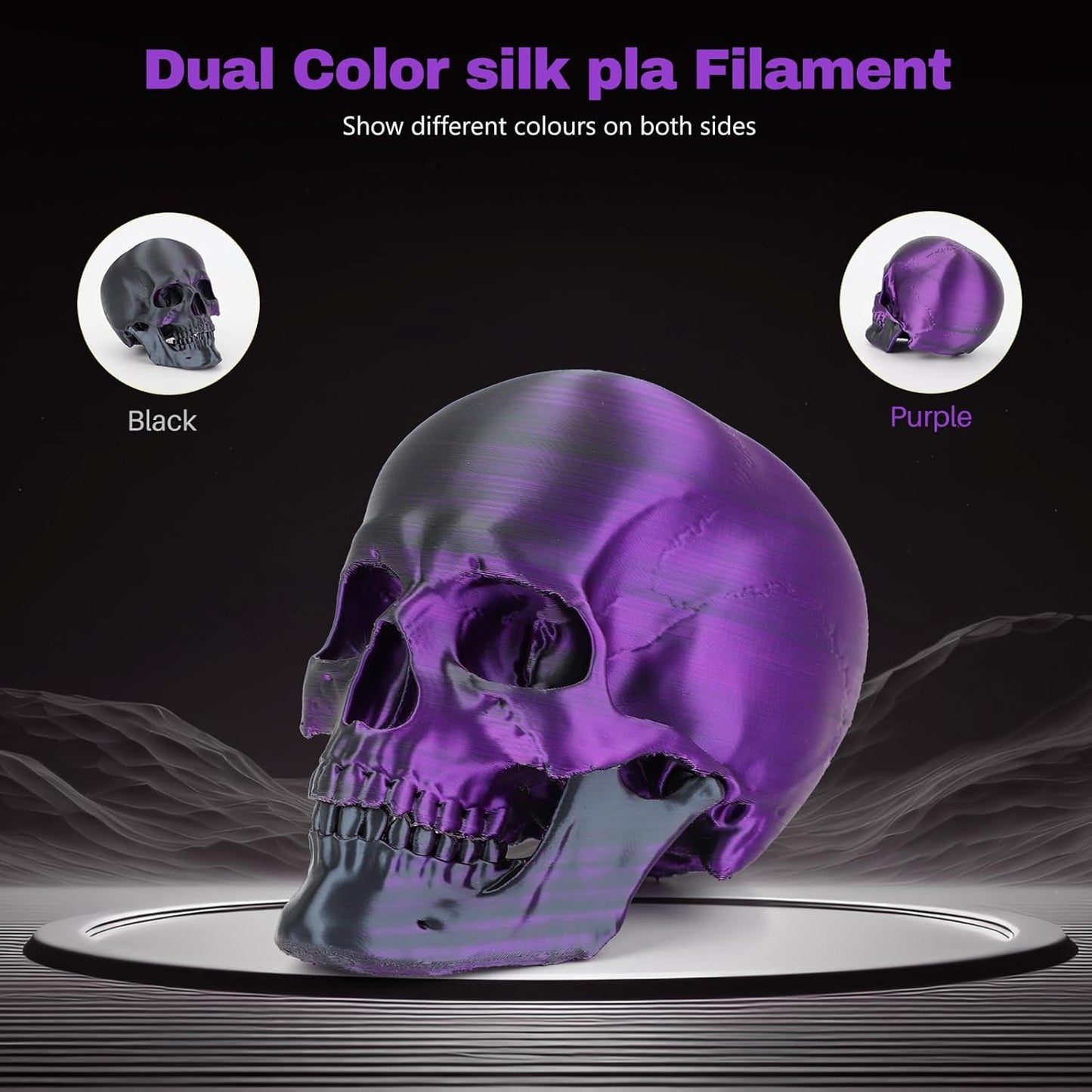 Silk PLA Filament 1.75mm Black Purple Dual Color PLA 3D Printer Filament 2 in 1 Coextrusion 1KG Spool(2.2lbs) 3D Printing Filament Dimensional Accuracy +/- 0.03mm Fits for Most FDM 3D Printers