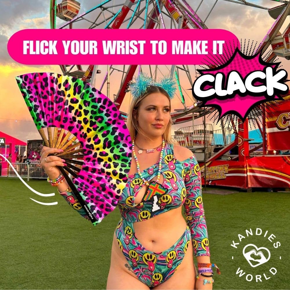 Kandies World UV Reactive Custom Festival Folding Hand Fan - Unique Designs, Made of Bamboo, Clacking Sound, Lightweight - Perfect Rave and Festival Accessory!