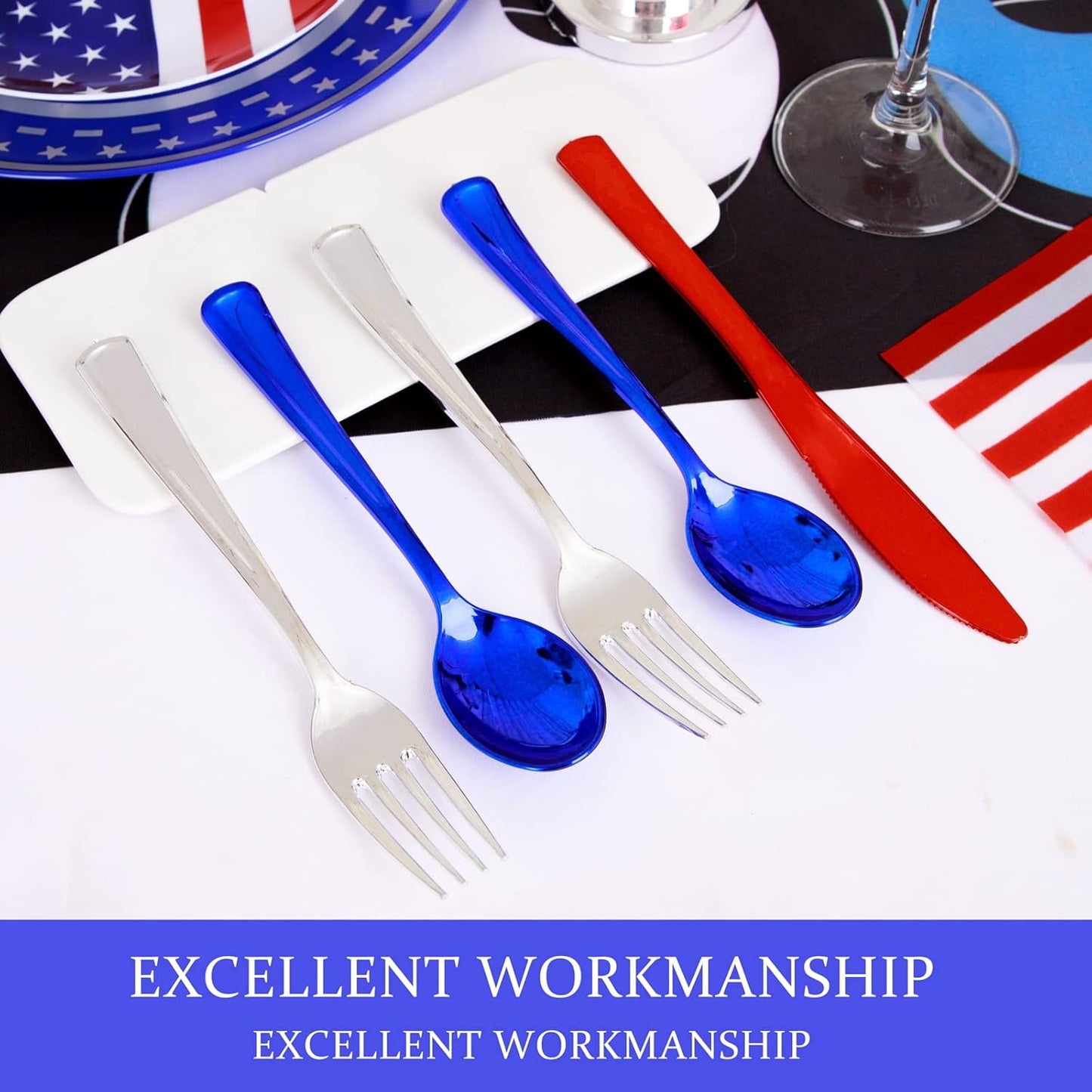 NOCCUR 180PCS Independence Day Silverware - 4th of July Tricolor Plastic Cutlery - Include 60 Red Knives, 60 Silver Forks, 60 Blue Spoons - Ideal for Independence Day