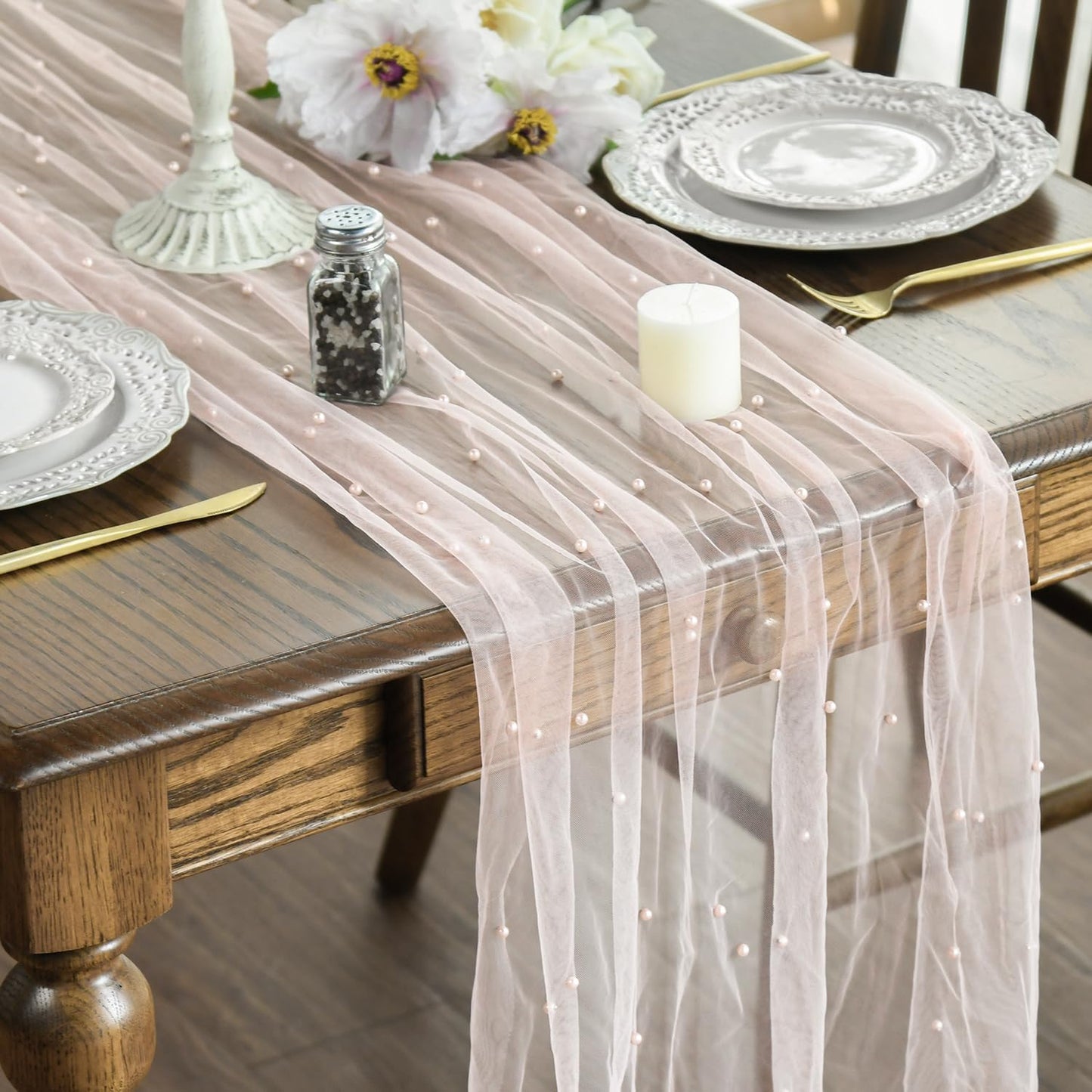 Artoid Mode Pearl Pink Gauze Table Runner 59x120 Inch , Seasonal Sheer Kitchen Dining Holiday Wedding Birthday Baby Shower Table Decor for Home Party
