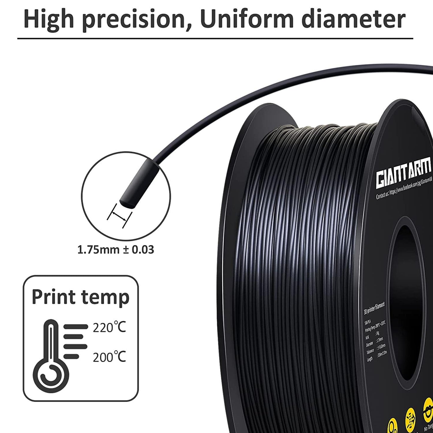 GIANTARM 3D Printer Filament, Silk Black Pla Filament, 1Kg(2.2lbs) Spool, 1.75mm Dimension Accuracy +/- 0.03mm, 3D Printing Filament