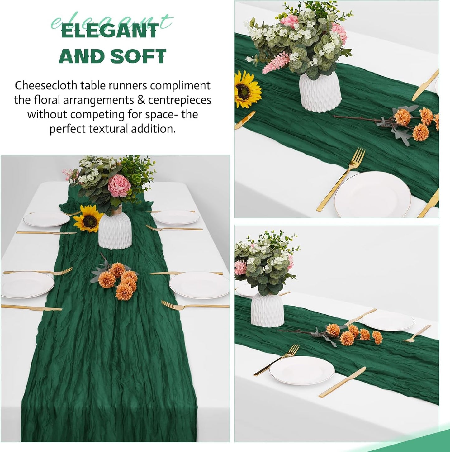Aktor 12 Pack Emerald Green Table Runner Boho Cheesecloth Table Runner Semi Sheer Gauze Fabric Runners for Wedding Birthday Baby Shower Party Boho Table Decoration（Emerald Green）