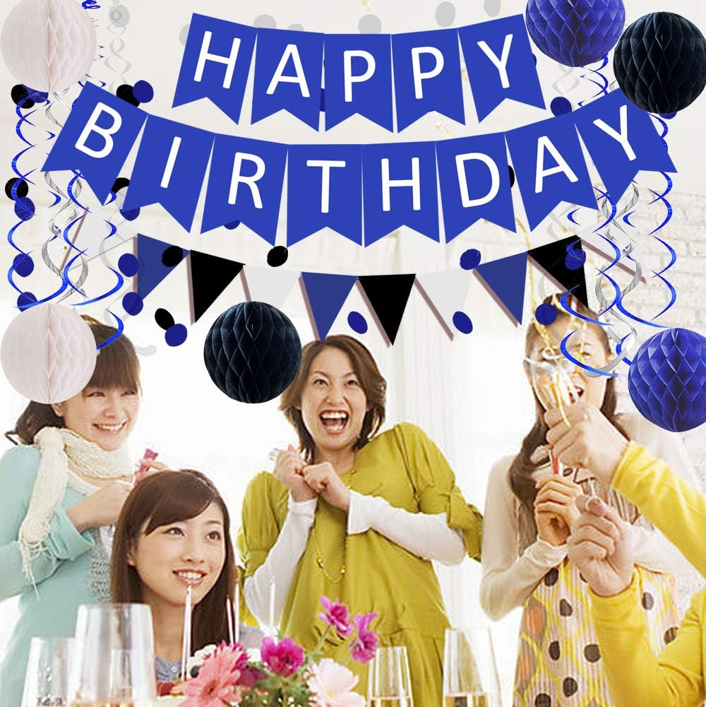 FECEDY Navy Blue White Black Happy Birthday Banner&Cute Flag Bunting Paper Circle Confetti Garland Swirl Streamers Honeycomb Ball for Birthday Party Decorations