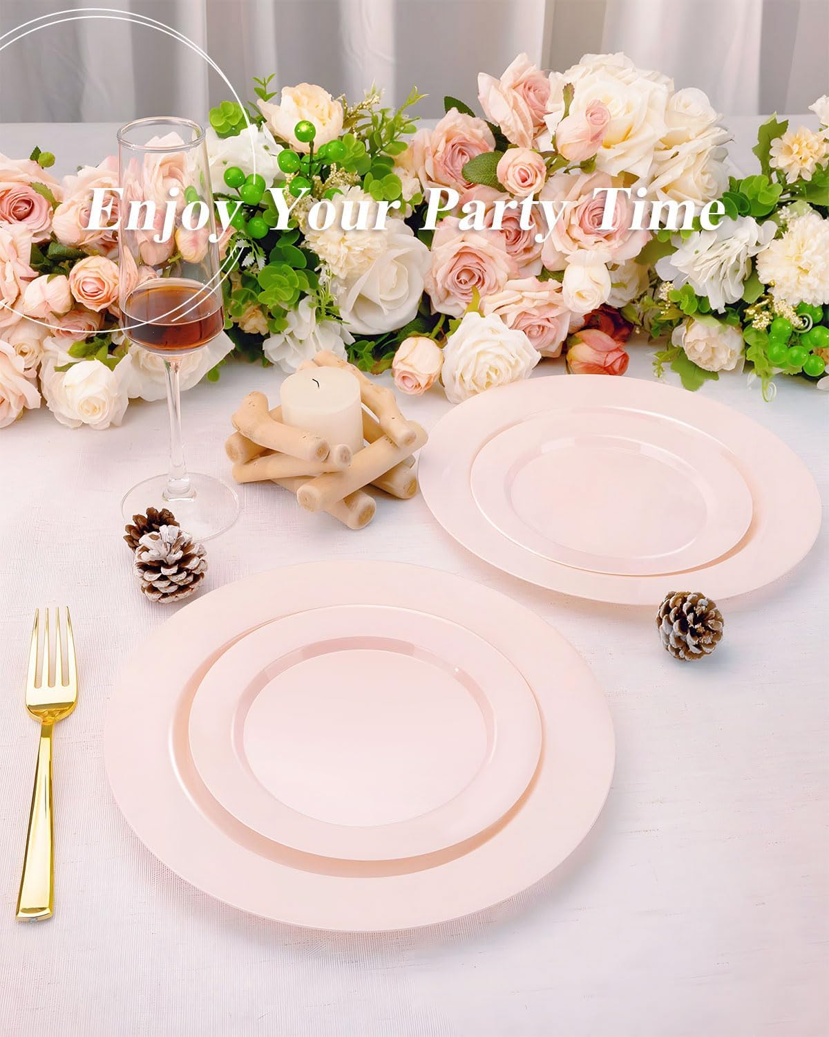 200PCS Pink Plastic Plates Set, 100 10.25 inch Dinner Plates and 100 7.5 inch Dessert Plates, Premium Disposable Plates for Party, Wedding