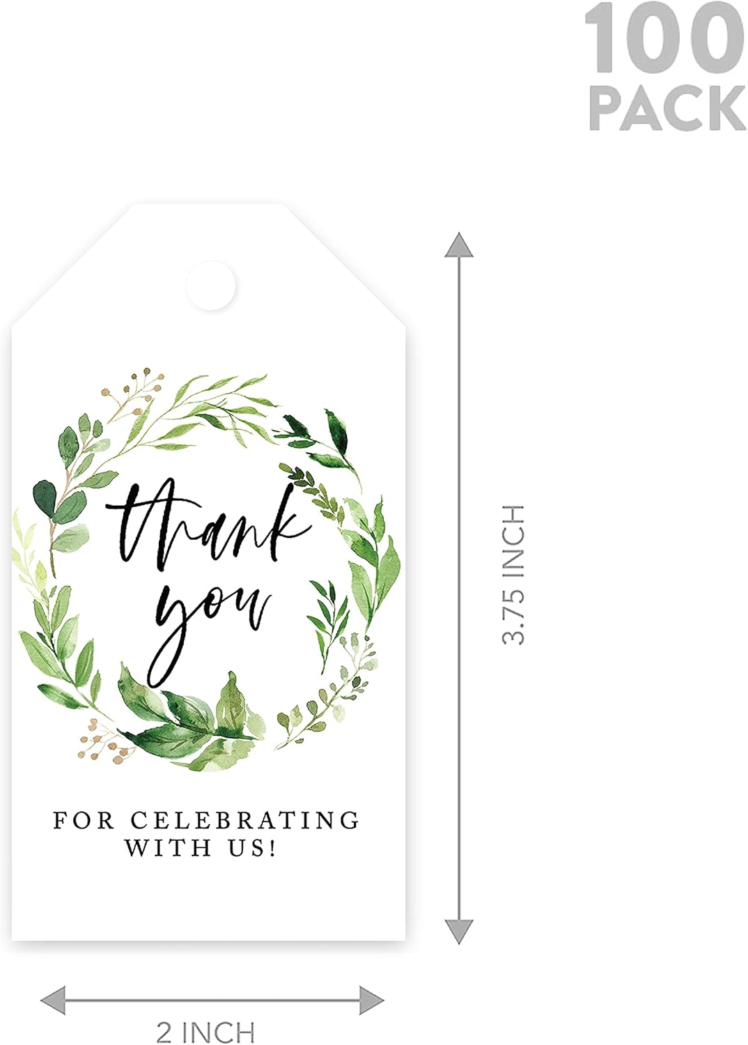 Andaz Press 100-Pack Thank You for Celebrating with Us Favor Tags Greenery Wreath Cardstock Gift Tags with Bakers Twine for Wedding Baby Shower Bridal Shower Birthday Party Favors 2 x 3.75-Inches