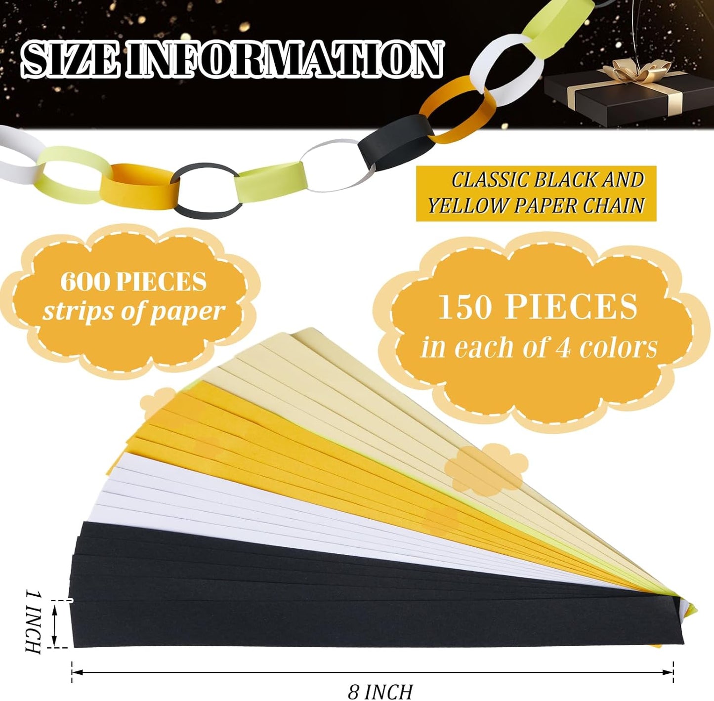 Lincia 600 Sheet Halloween Paper Chain Garland, Construction DIY Crafts Chain Strip for Fall Thanksgiving Party Decor, 1x8 Inch with Double Sided Tape (Black Gold)