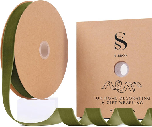 Olive Green Christmas Velvet Ribbon for Tree, Gift Wrapping, Flower Bouquet, Wreath Decorations, Bow Making 1'', 25 Yards