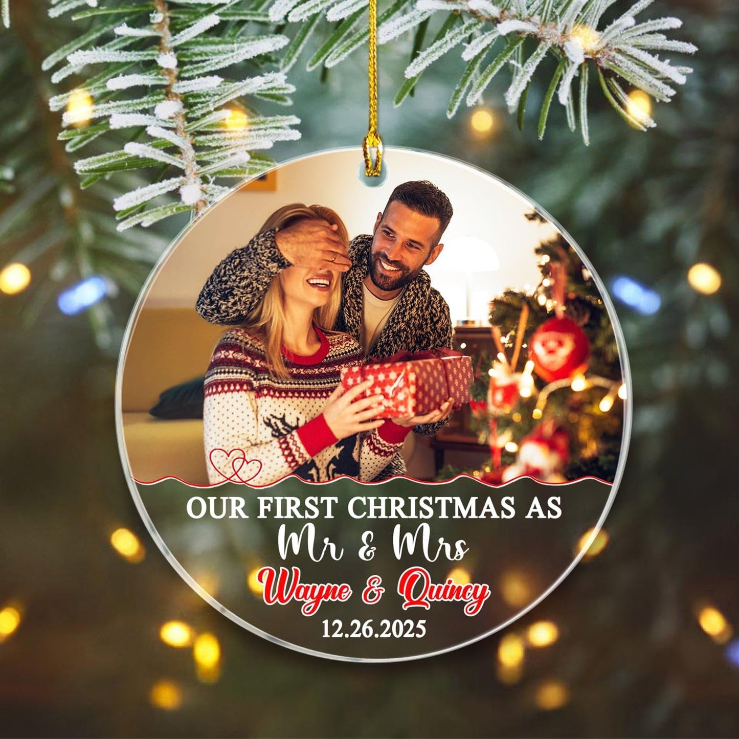 Our First Christmas As Mr & Mrs Ornament 2025, Customized Date Photo Names Mr & Mrs Together Ornaments Gift for Anniversary, Personalized Upload Photo Christmas Ornament for Just Married/Newlyweds
