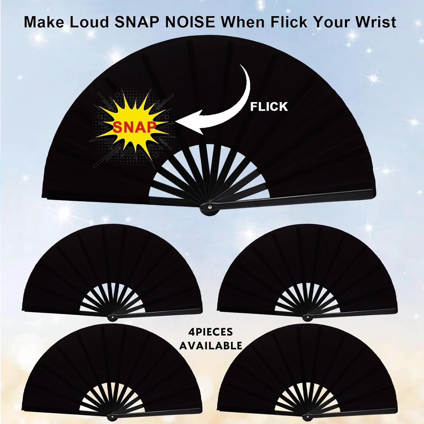13inch Large Rave Fan Popping Clacking Fans for Line Dancing,Hand Fans for Women Foldable,Boots on The Ground Fan,Portable for Outdoor,Wedding,Party,Decoration (4pcs Black)