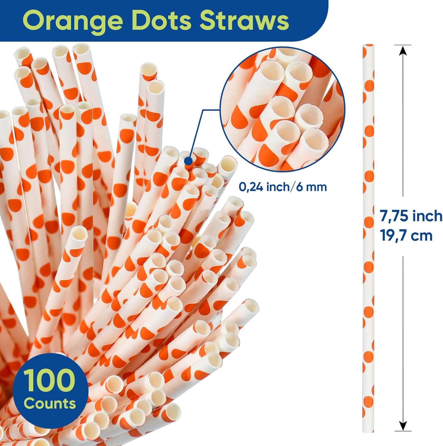 Orange Polka Dots Paper Drinking Straws 7.75 inch Disposable 100 Counts - for Drinks, Juice, Cocktail, Party, Bars, Restaurants