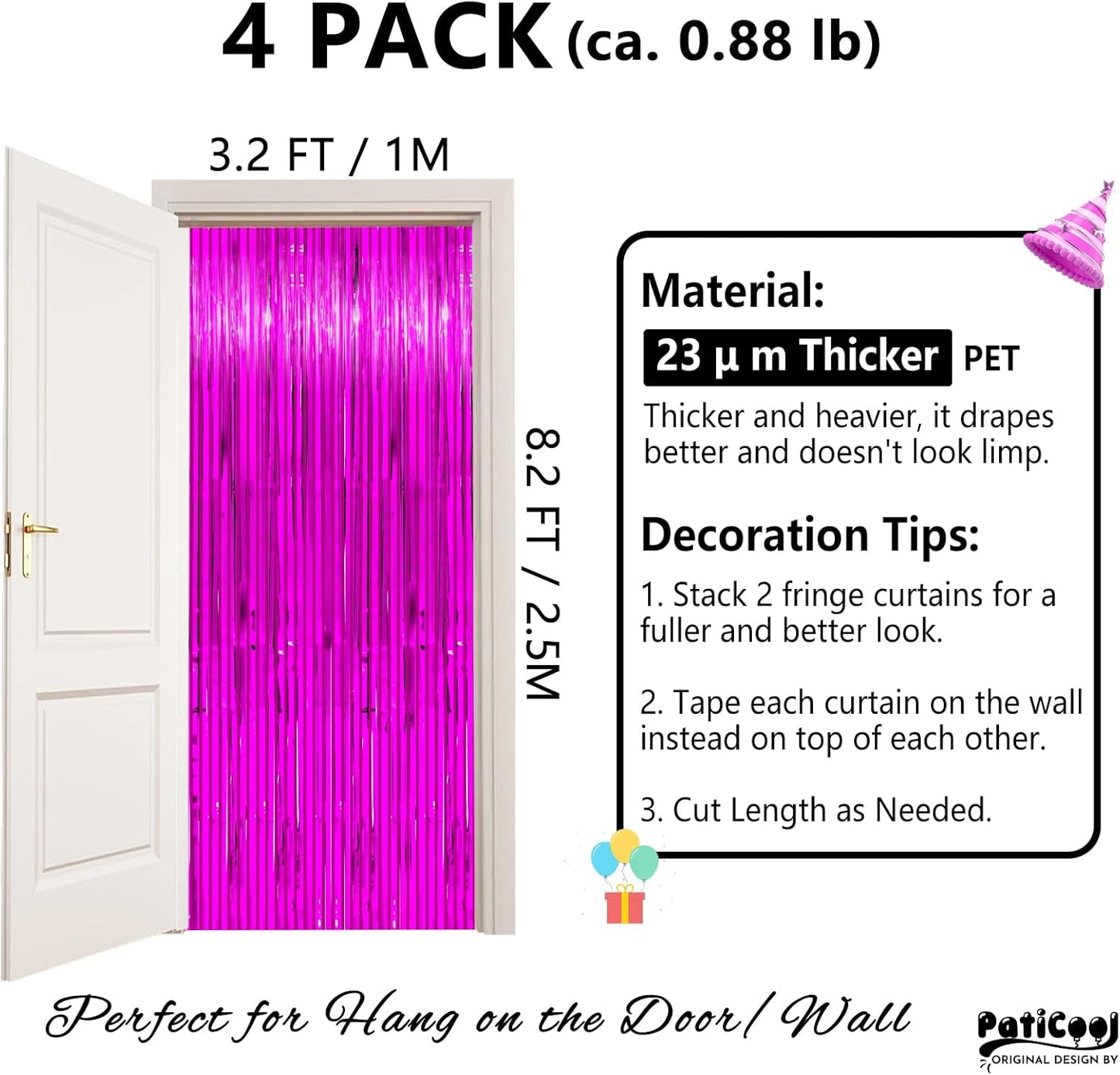 Hot Pink Streamers - Thicken 4 Pack 3.2x8.2 FT - Hot Pink Tinsel Foil Fringe Backdrop Curtains for Birthday, Bachelorette, Graduation, Summer Hawaiian Party Decorations