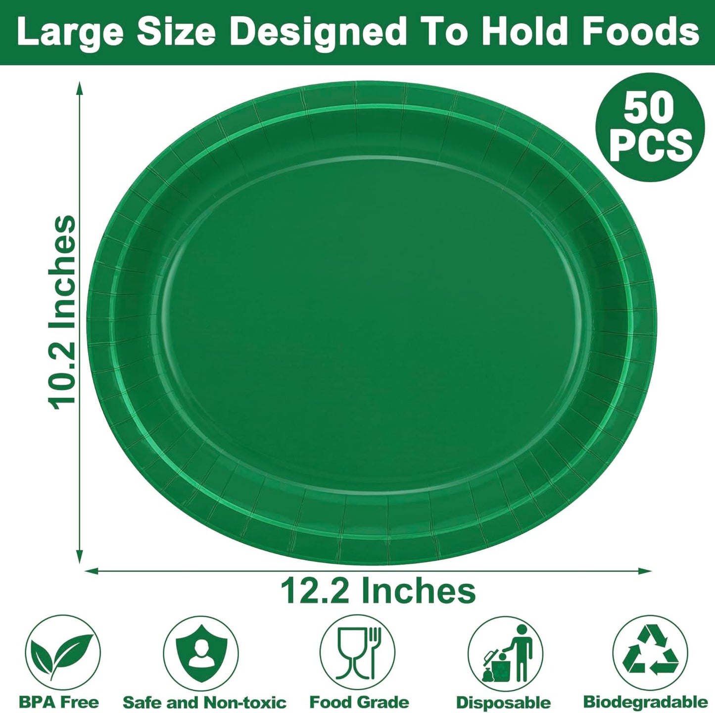 QZYL 50 Count Paper Plates, 12.2'' X 10.2'' Large Green Oval Plates, Daily Dinner Plates Disposable Paper Tray Bulk Party Supplies for Outdoor Picnic Birthday Party Barbecue Holiday