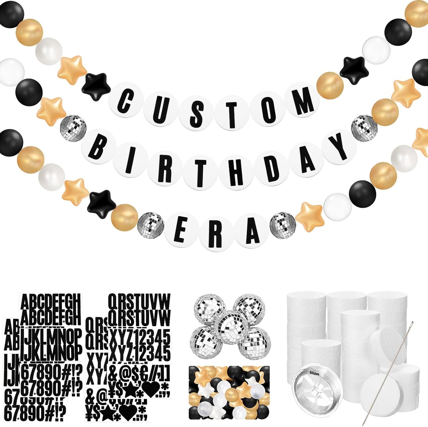 Giant Friendship Bracelet Garland Kit, DIY Birthday Banner with Letters Ball Jumbo Customizable Friendship Bracelet Decor for Halloween Christmas Wedding Party(Black, Gold, White)