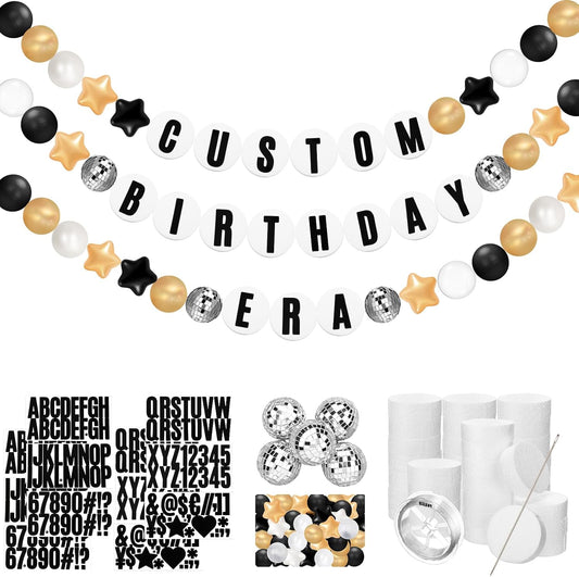 Giant Friendship Bracelet Garland Kit, DIY Birthday Banner with Letters Ball Jumbo Customizable Friendship Bracelet Decor for Halloween Christmas Wedding Party(Black, Gold, White)
