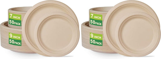 GreenWorks 7 inch and 9 inch Heavy-duty Compostable Plates (each 50 Count), 100 Count Unbleached Disposable Paper Plates (Pack of 2)
